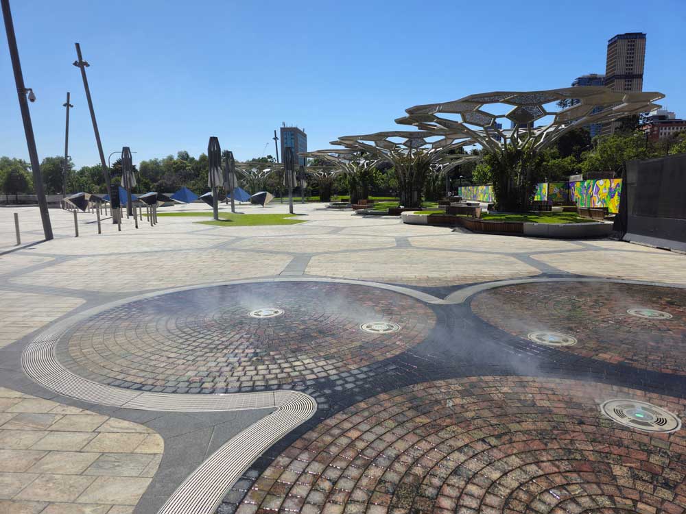 Image of Adelaide Festival Plaza, showing use of stone paving in circular designs.