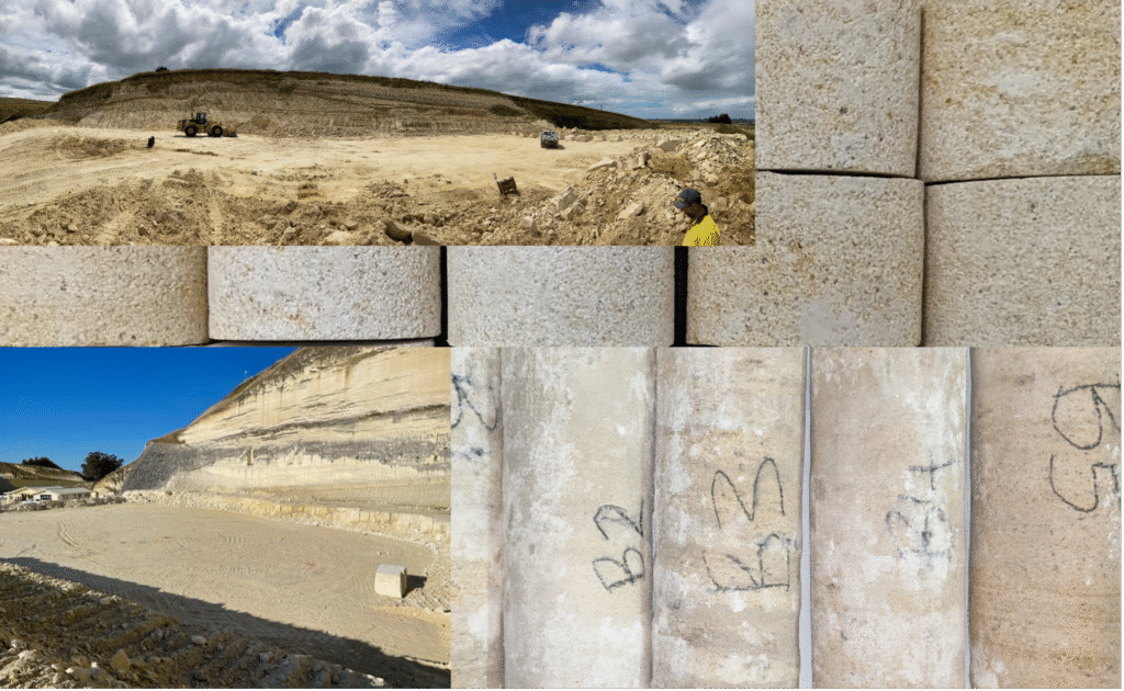 Collage of various images of Oamaru limestone, including quarry sites.